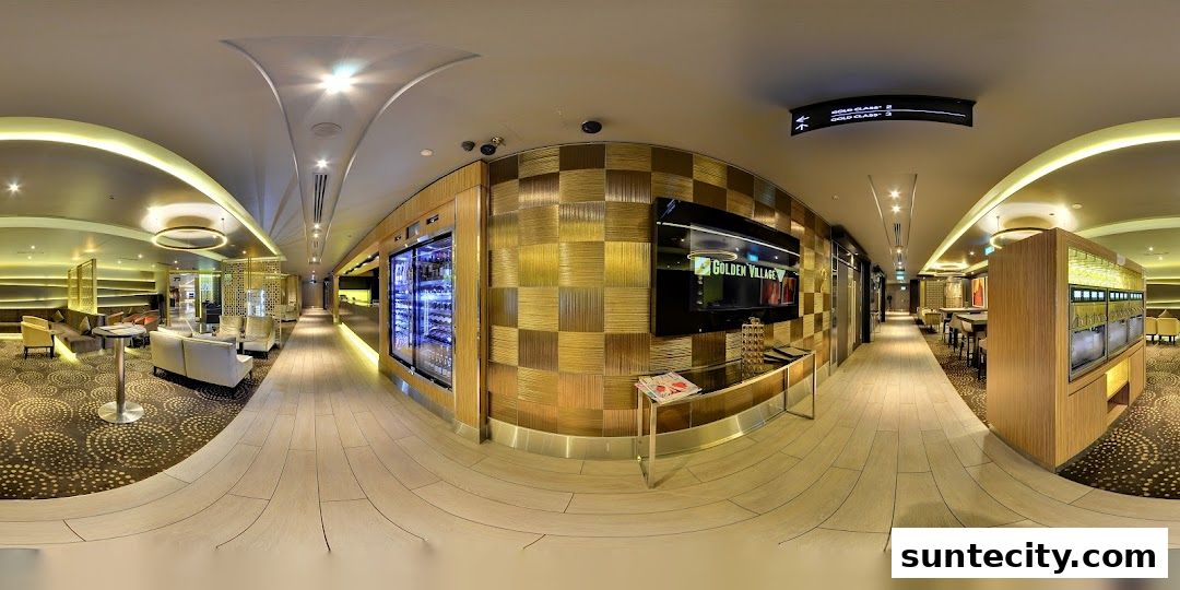 Luxurious cinema lobby with plush seating, ambient lighting, and a digital display.