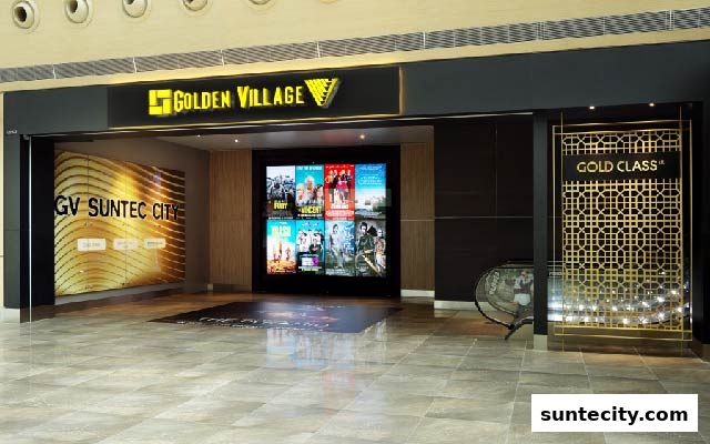 The entrance to Golden Village Suntec cinema, featuring movie posters and a 'Gold Class' section.