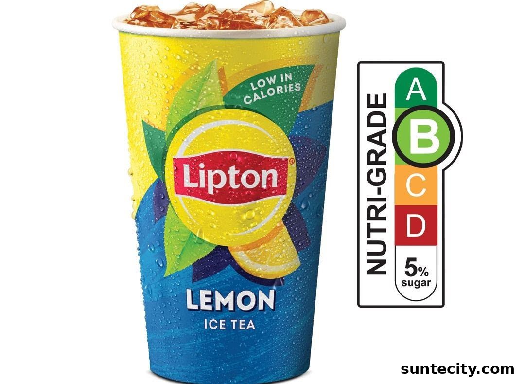 A cup of Lipton Lemon Ice Tea with a Nutri-Grade label showing a 'B' rating.