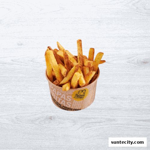 A cup of seasoned potato fries from Guzman y Gomez.