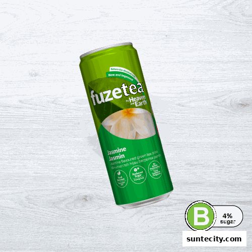 A can of Fuze Tea Jasmine flavored green tea with a sugar content indicator.