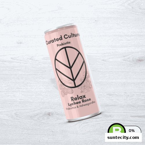 A pink can of Curated Culture Probiotic Relax Lychee Rose drink.