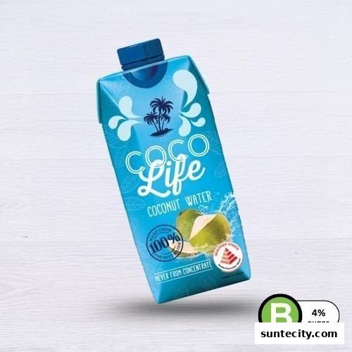 A carton of Coco Life coconut water with palm trees and splashing water graphics.
