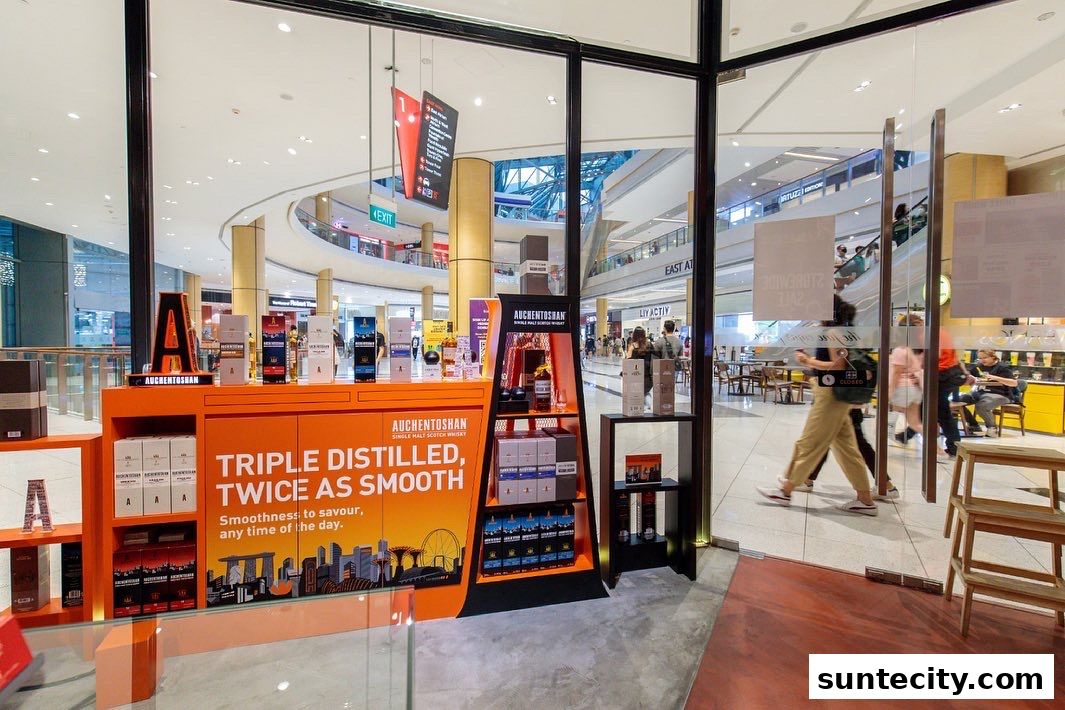 A retail display featuring Auchentoshan whisky bottles and boxes in a shopping mall.