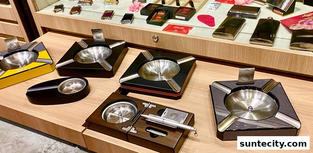 A display of various luxury cigar ashtrays and lighters on a wooden counter.