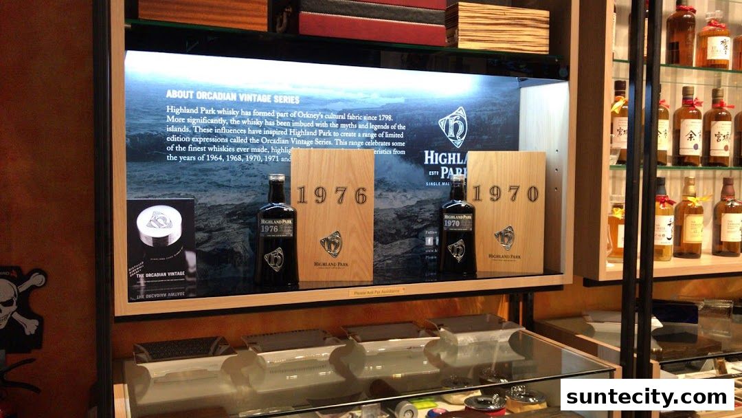 Display of Highland Park whisky bottles and information about the Orcadian Vintage Series.