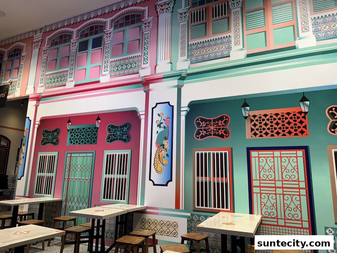 Interior of HarriAnns Nonya Table with vibrant Peranakan-themed wall art and seating.