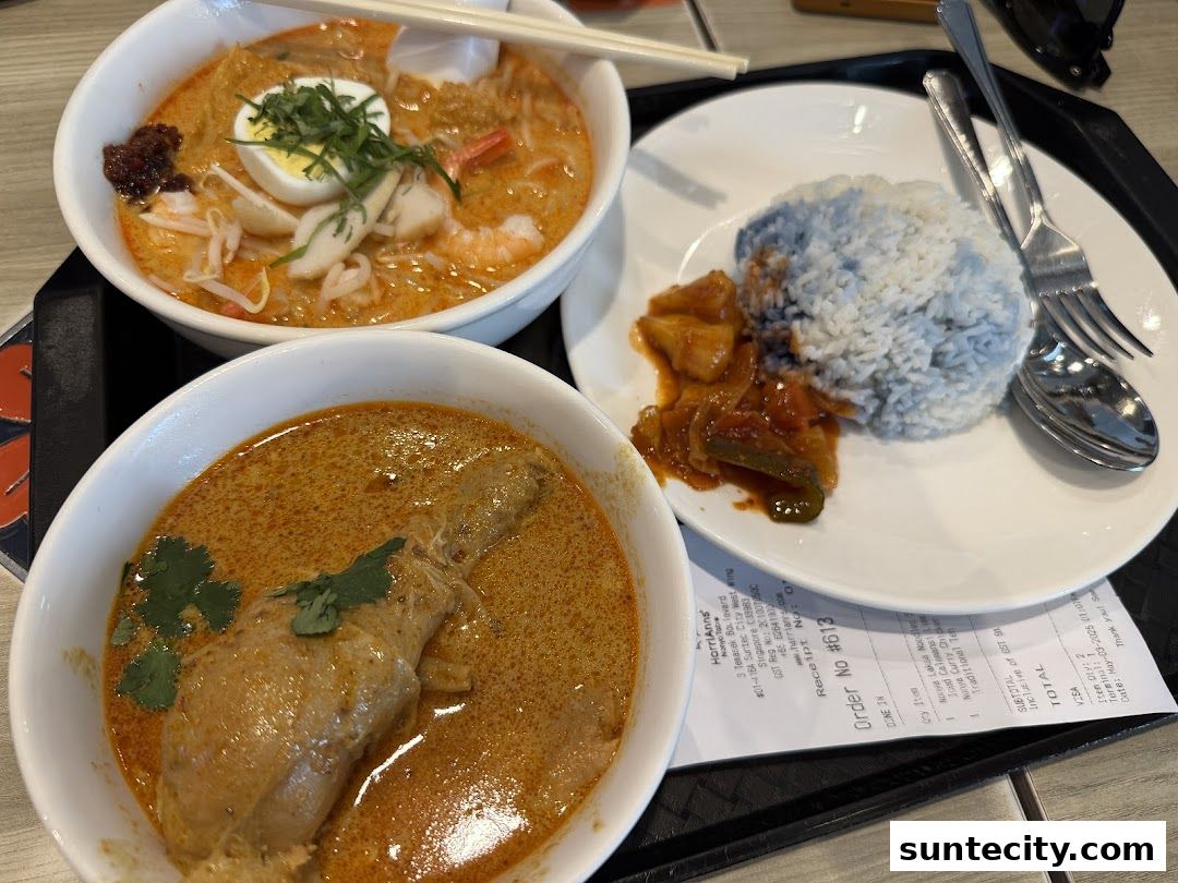 A close-up shot of two bowls of delicious food and a plate of rice with side dishes.
