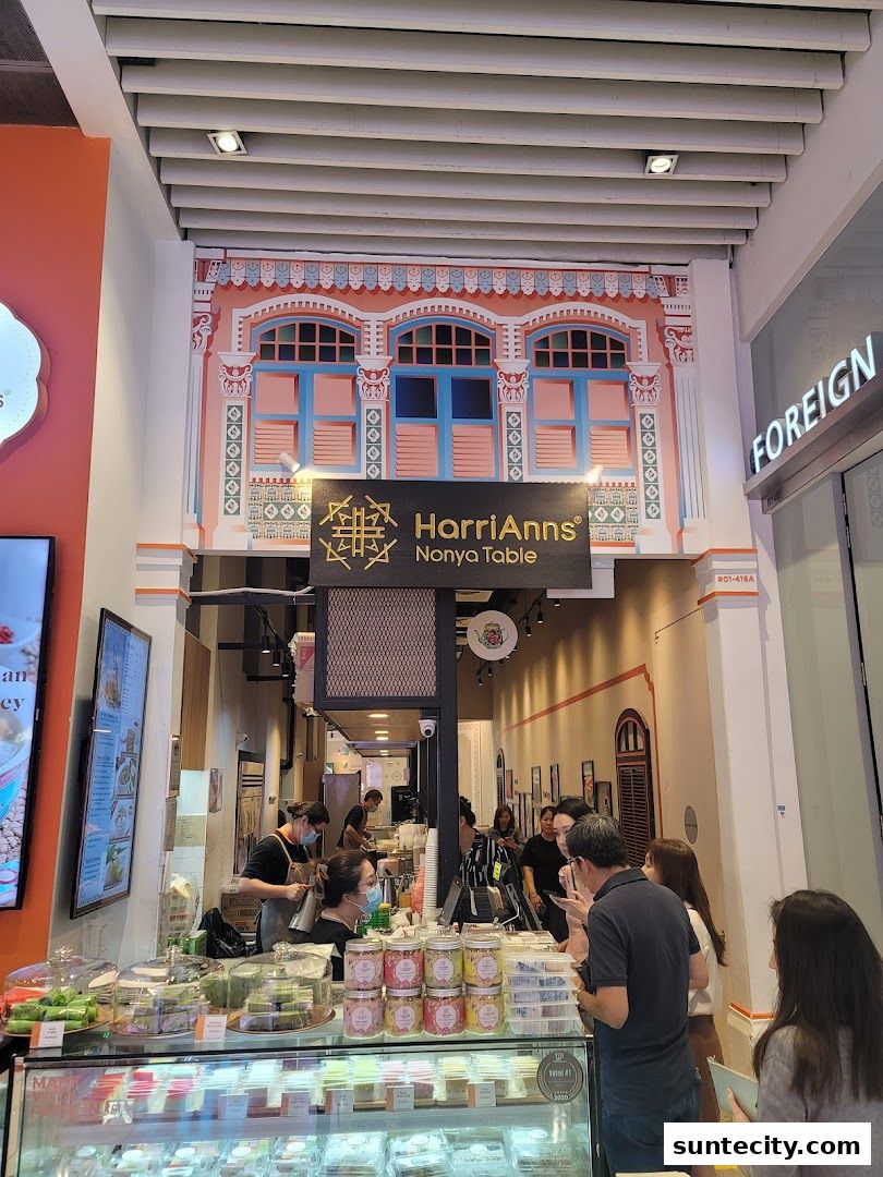 Customers queue at HarriAnns Nonya Table, a shop with traditional Peranakan-inspired decor and display of desserts.