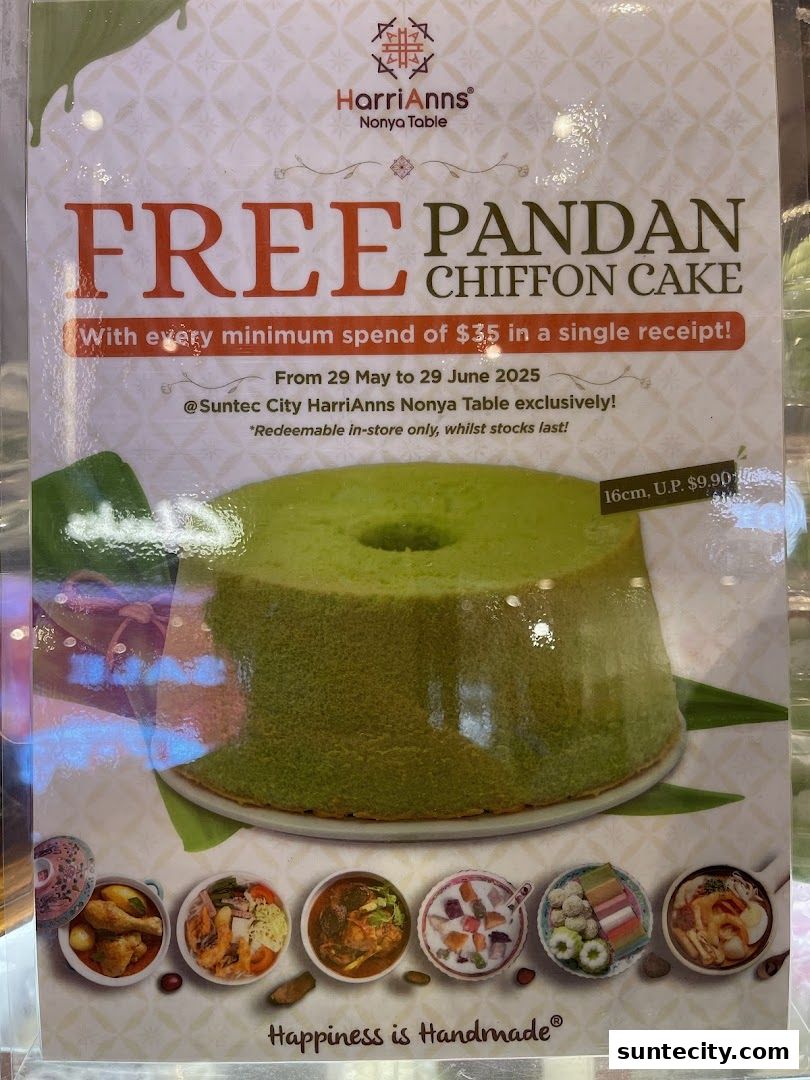 A promotional flyer for HarriAnns Nonya Table offering a free Pandan Chiffon Cake with a minimum spend.
