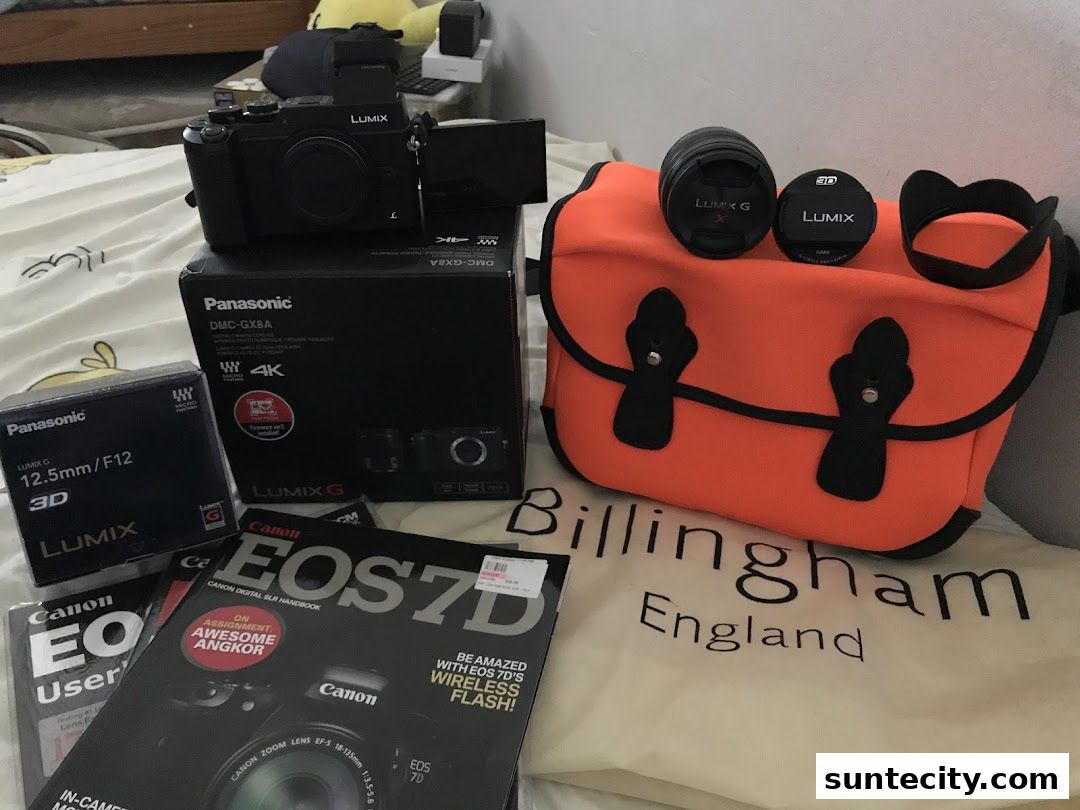A collection of Panasonic Lumix cameras, lenses, and Canon EOS camera accessories.