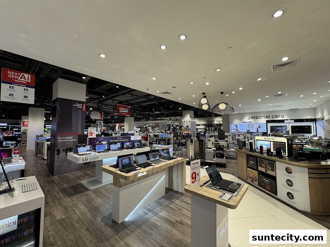 Interior view of a Harvey Norman store showcasing laptops, personal care appliances, and other electronics.