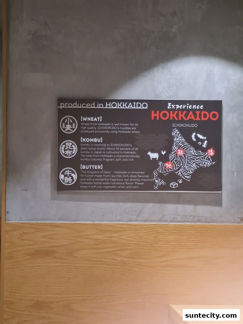 A sign detailing the Hokkaido ingredients used in Ichikokudo Ramen.