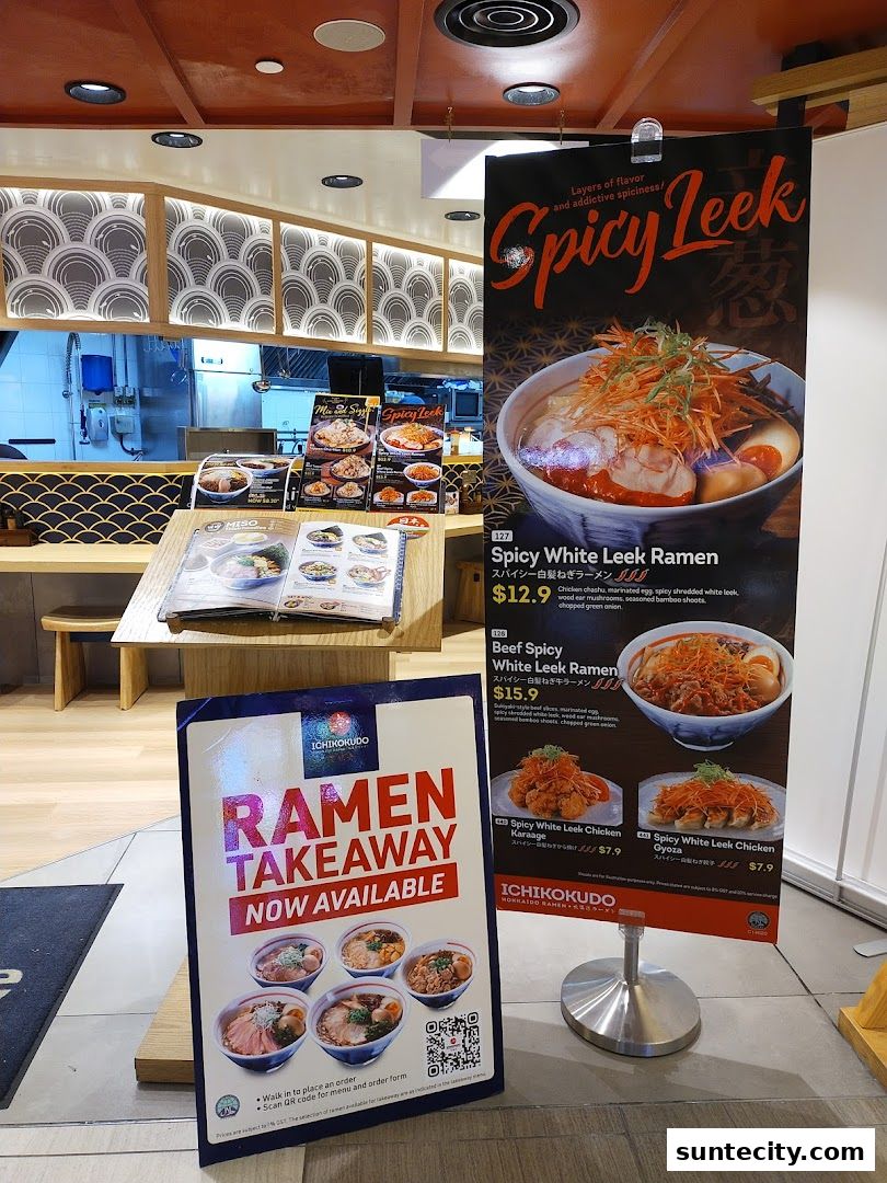 Ichikokudo Hokkaido Ramen shop with menus and takeaway promotion displayed.