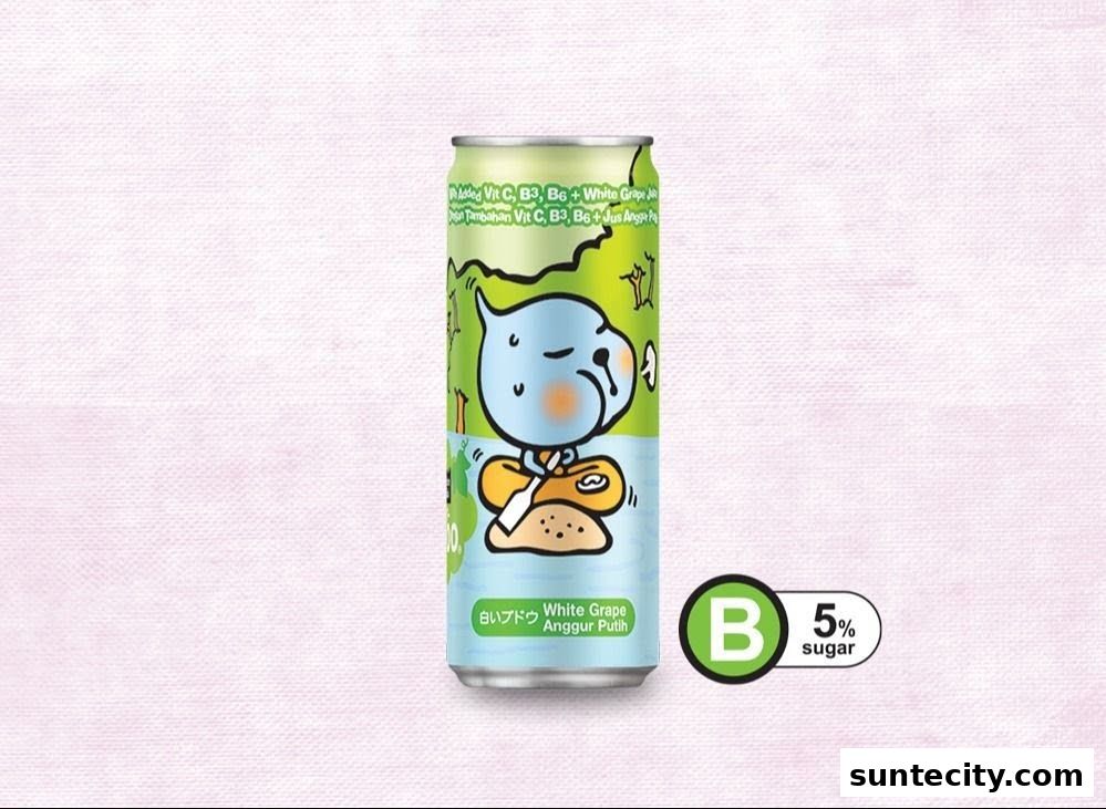 A can of White Grape flavored drink with a cartoon character and nutritional information.