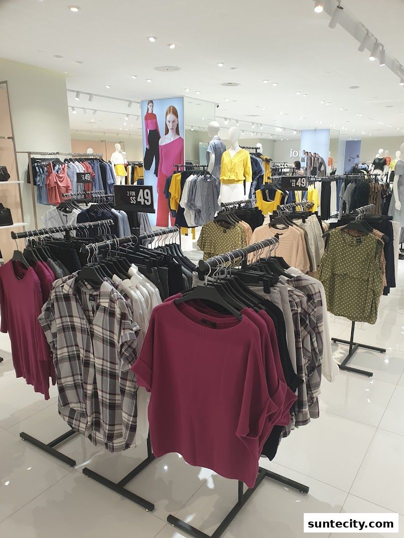 Interior view of a clothing store with racks of women's apparel and mannequins.