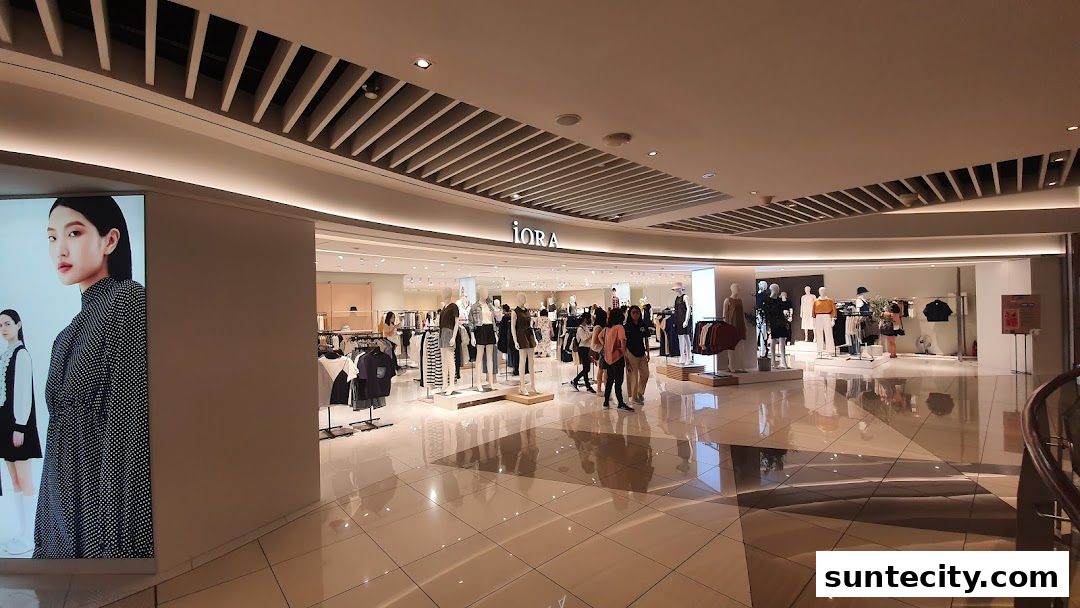 The iORA Suntec City store features a modern interior with mannequins displaying fashion apparel.