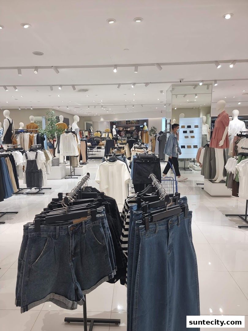 Interior view of a clothing store with mannequins and racks of apparel.