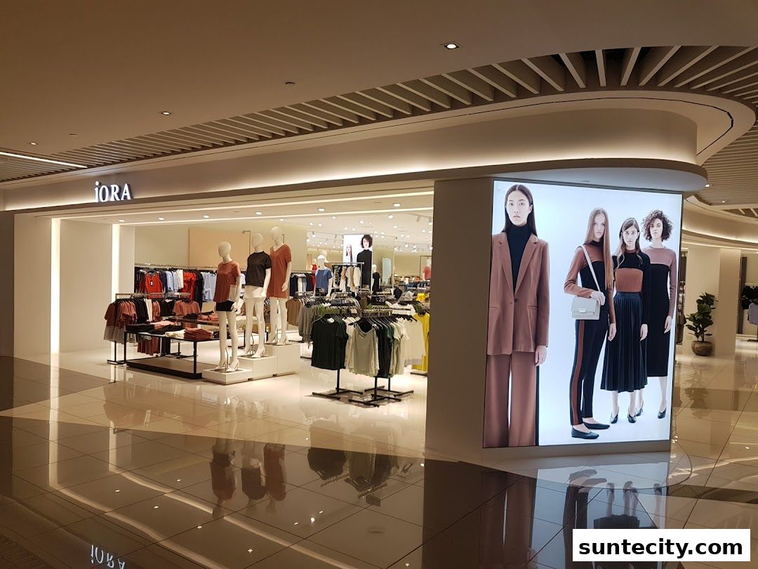 The iORA Suntec City shop features a well-lit interior with mannequins displaying fashionable clothing and a large digital display.