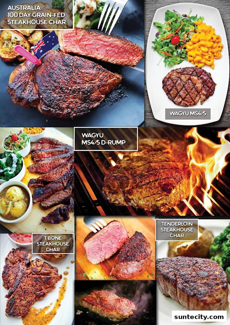 Collage of various premium steak cuts, showcasing grilling and presentation.
