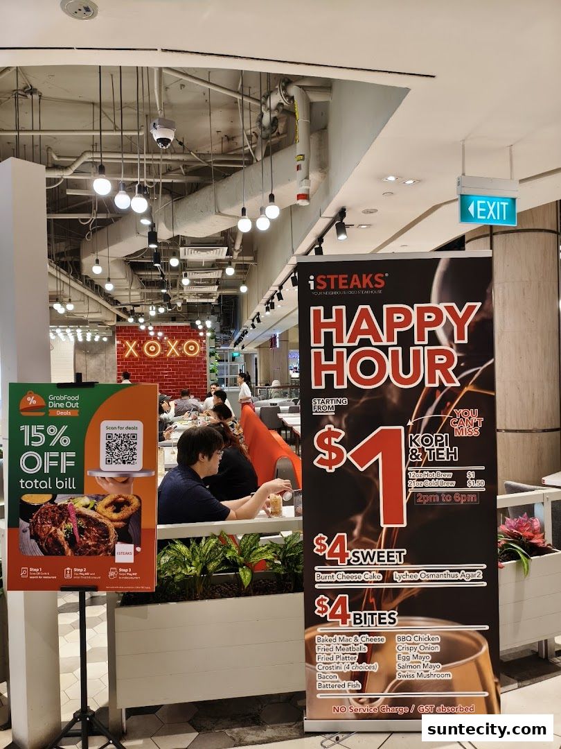 A promotional banner for iSTEAKS' Happy Hour, featuring food and drink deals.
