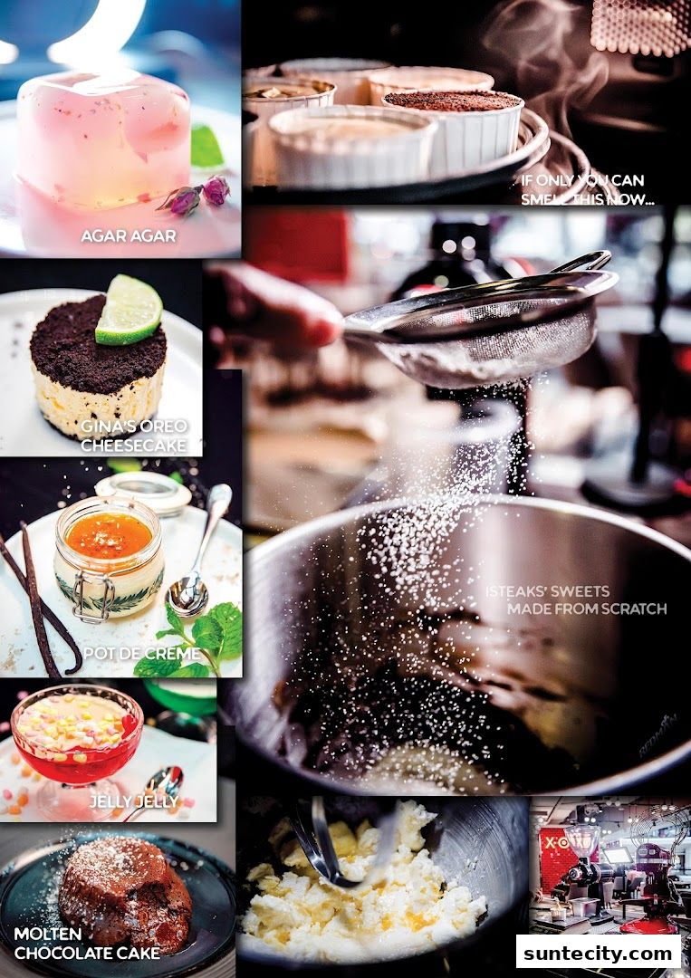 A collage of delicious desserts including cheesecake, molten chocolate cake, and agar agar.