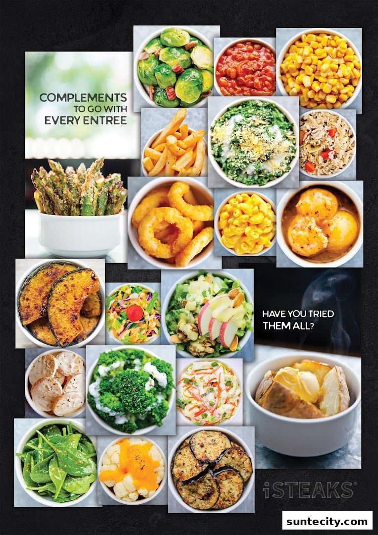 Collage of various side dishes offered at iSTEAKS, including vegetables, fries, and salads.