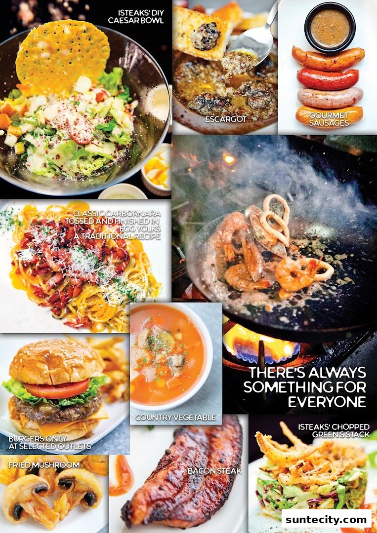A collage of various delicious dishes including steak, pasta, salad, and burgers.