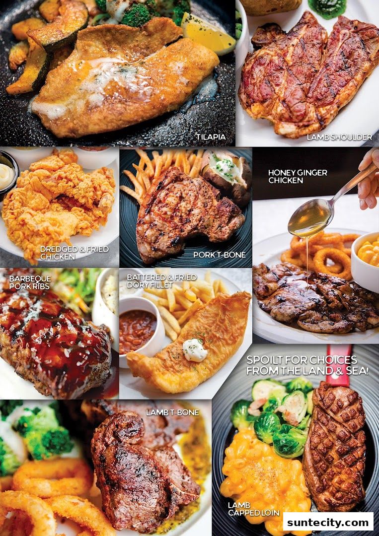 A collage of various meat and fish dishes, showcasing a diverse menu.