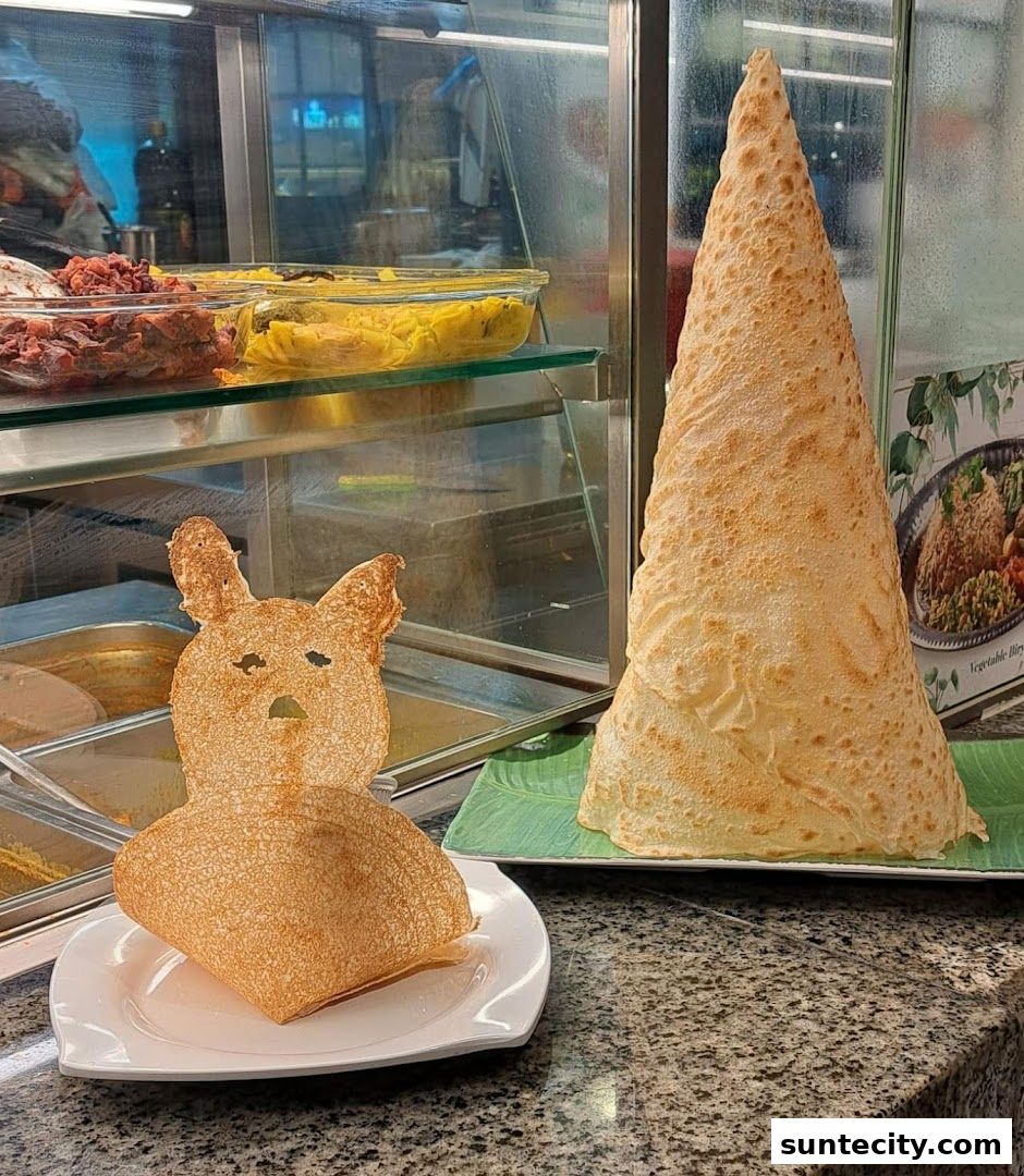 A cone-shaped prata and a rabbit-shaped prata are displayed in front of a food display case.