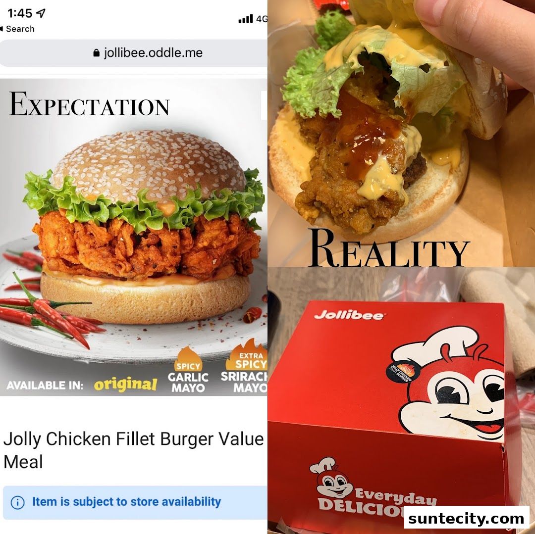 A collage showing the 'expectation' and 'reality' of a Jollibee chicken fillet burger.