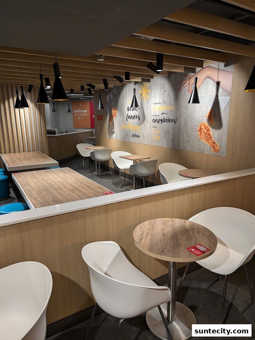 Interior view of a Jollibee restaurant with seating areas and decorative wall art.