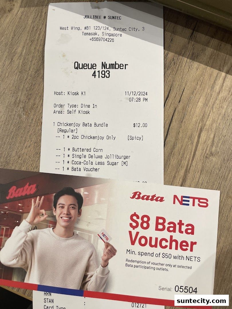 A Jollibee receipt and a Bata voucher with a promotional image.