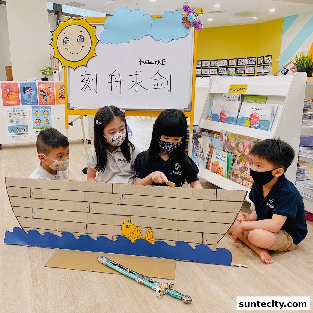 Children in a classroom engage in a Noah's Ark themed activity with a cardboard boat.