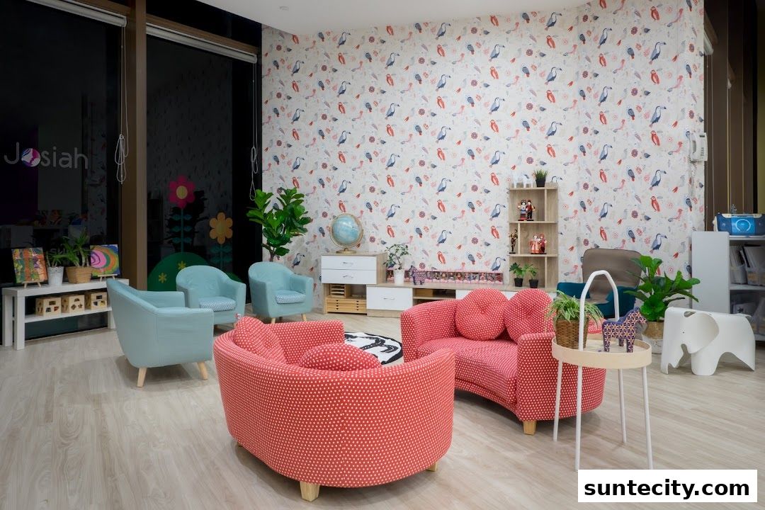 A bright and colorful waiting area with patterned wallpaper and comfortable seating.