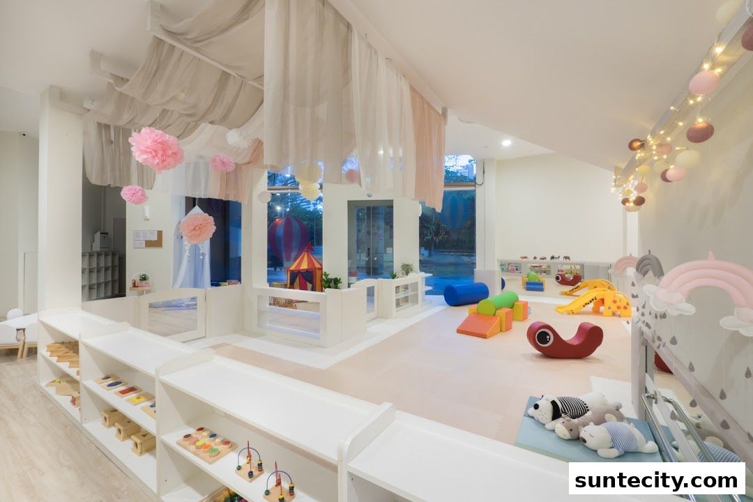 A bright and colorful indoor play area for children with soft play equipment and educational toys.