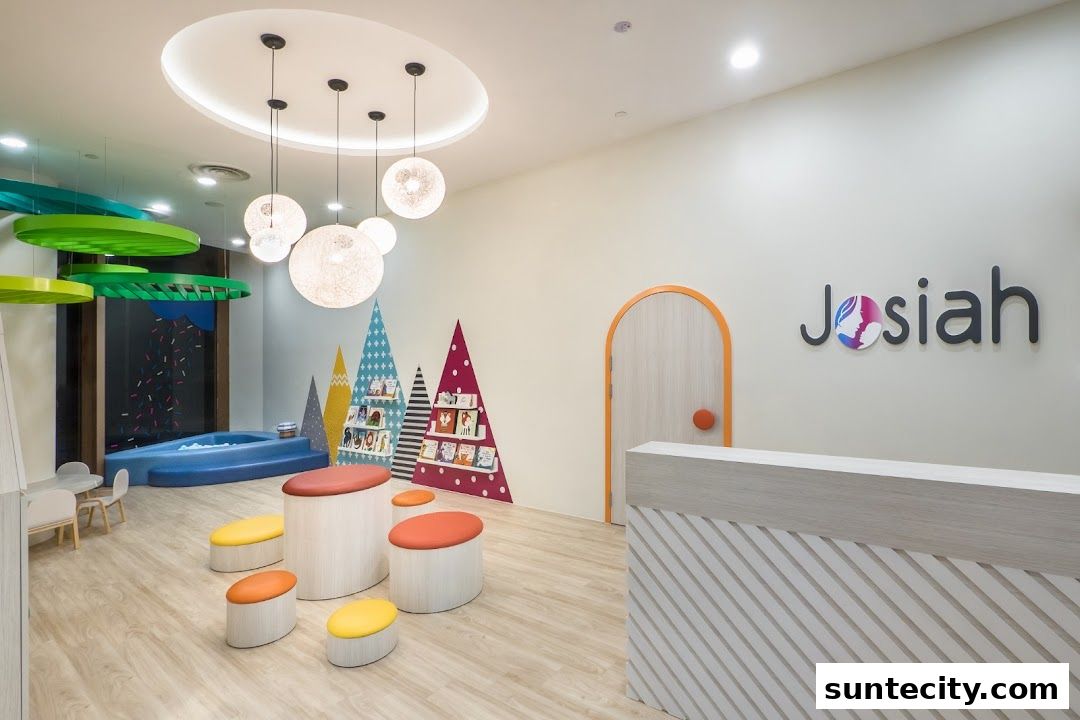 Interior of a bright and colorful children's learning center with playful decor and seating.