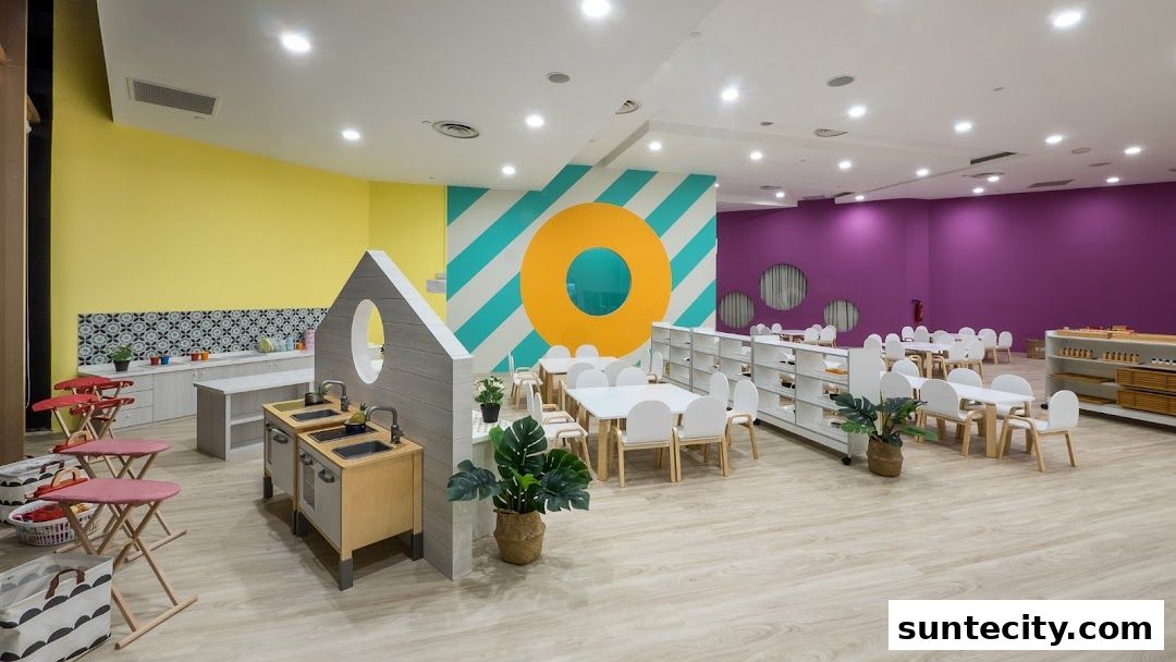 Bright and colorful interior of a children's learning center with tables, chairs, and play areas.