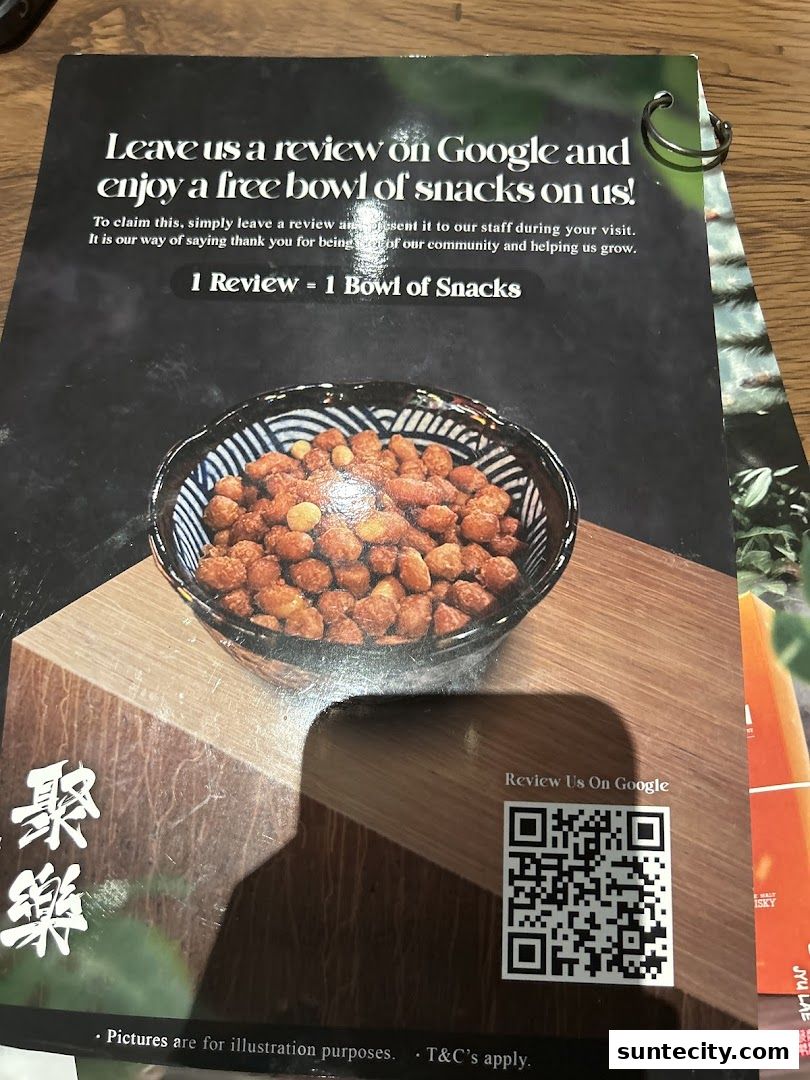A flyer from Jyu Lae Bistro offering a free bowl of snacks for a Google review.
