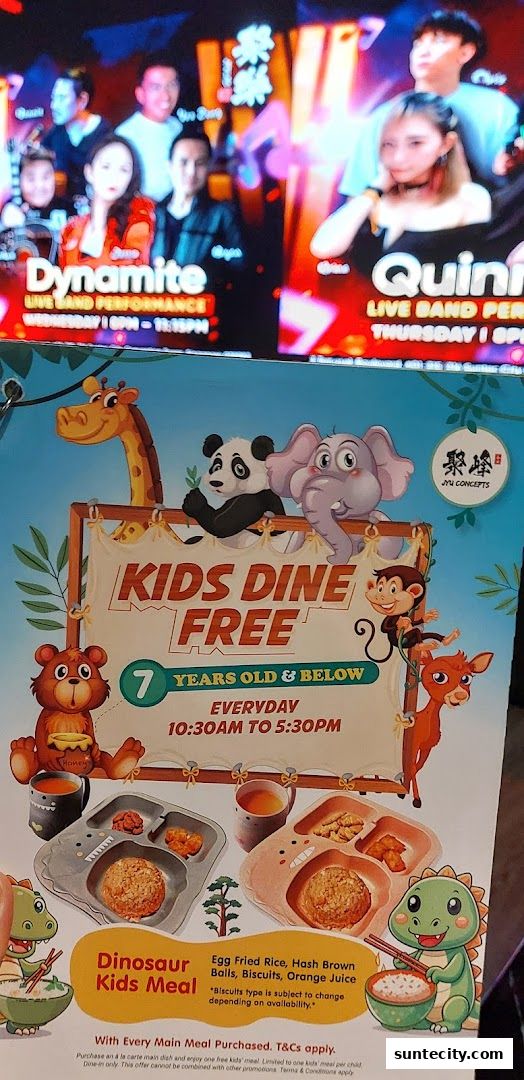 A promotional flyer for Jyu Lae Bistro's 'Kids Dine Free' offer, featuring cartoon animals and kids' meals.