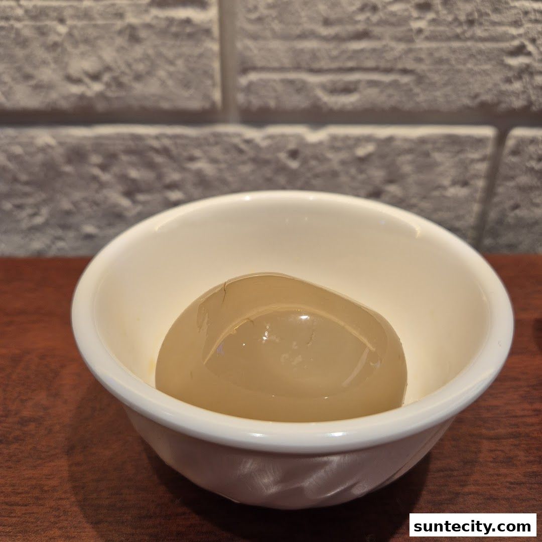 A close-up of a single, translucent jelly dessert in a white bowl.