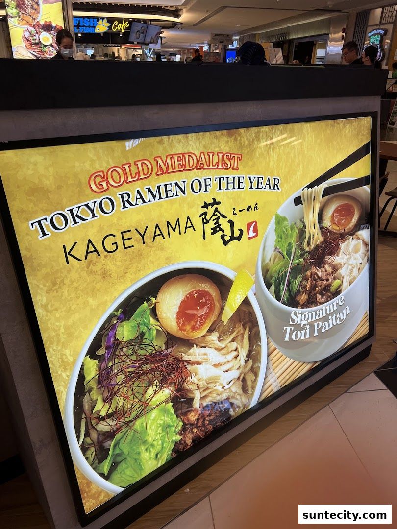 A sign advertising Kageyama's Gold Medalist Tokyo Ramen of the Year.