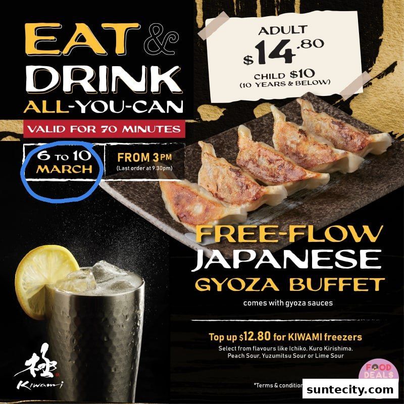 A promotional poster for Kiwami Ramen & Gyoza Bar's free-flow Japanese gyoza buffet.