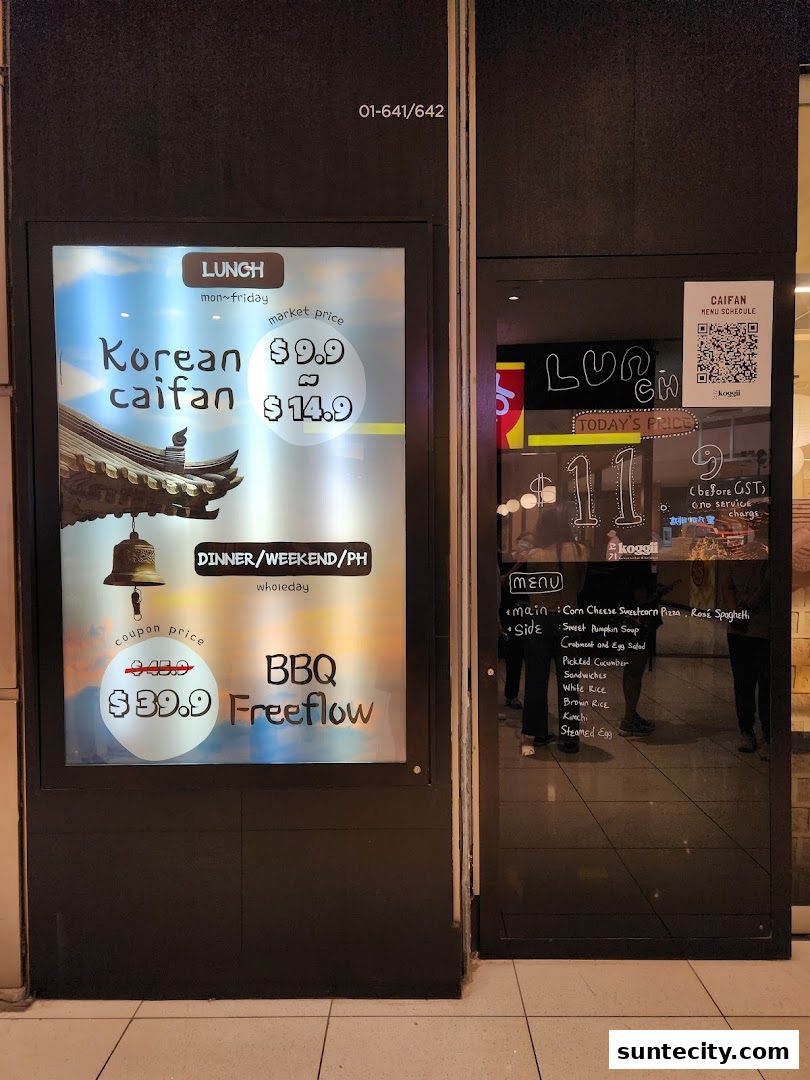 Shop front display for Koggii, advertising Korean caifan lunch and BBQ freeflow dinner.