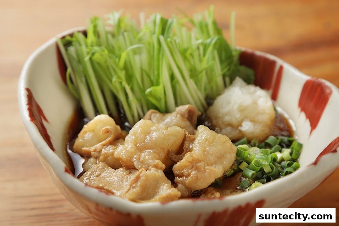 A close-up of a Japanese dish with meat, grated radish, and green onions in a decorative bowl.