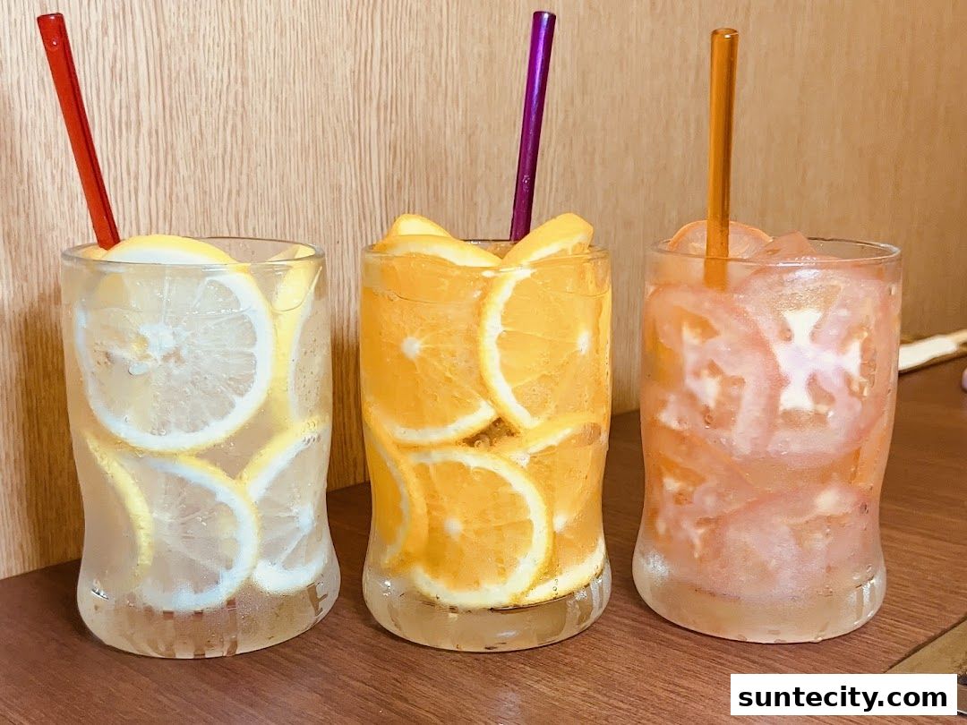 Three refreshing drinks with citrus slices and straws on a wooden surface.