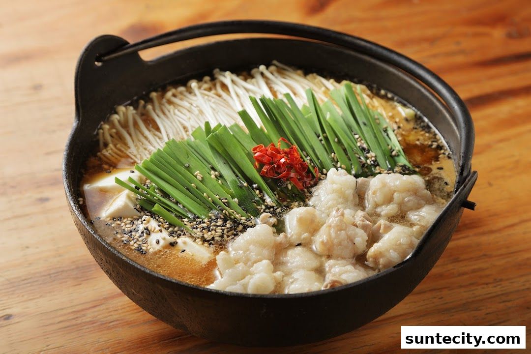 A close-up of a hot pot dish with meat, tofu, enoki mushrooms, and chives.