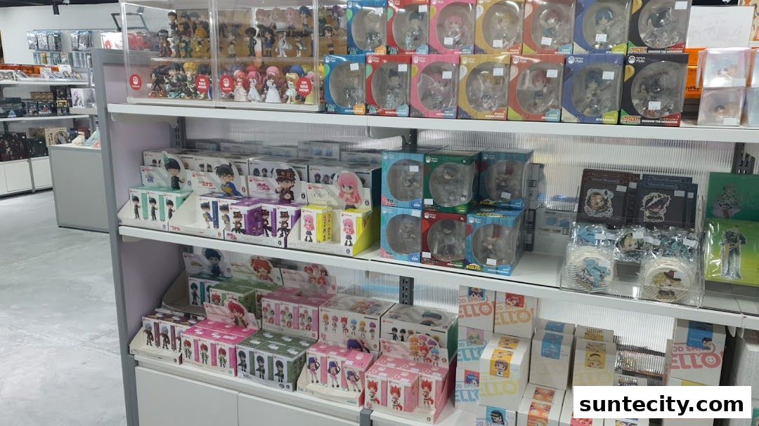Shelves filled with anime figurines, merchandise, and collectible items.