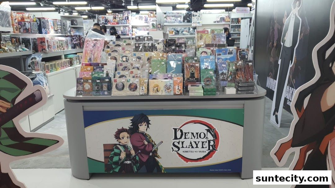 A retail display featuring Demon Slayer merchandise and character cutouts.