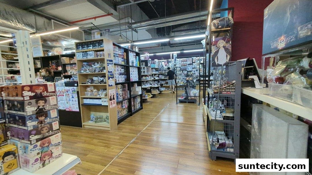 Interior view of a retail store filled with shelves of anime figures and merchandise.